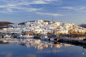 Paros, Greece, Greek Islands, Naoussa, Cyclades, Europe, Fishing boats docked in Naoussa Harbor on Paros Island on the Aegean Sea.